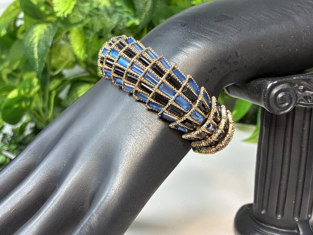 Gold Tone Stretch Bracelet with Big Blue And Clear Rhinestone Baguettes